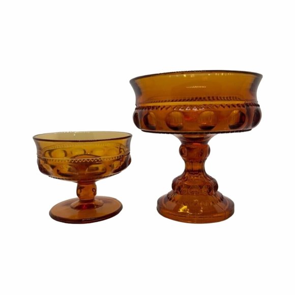 2PC Vintage Amber Indiana Thumbprint Carnival Glass Crown Compote Candy Dish - Picture 1 of 6